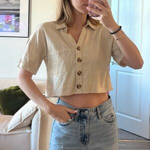 Beige Button-Up Crop Top